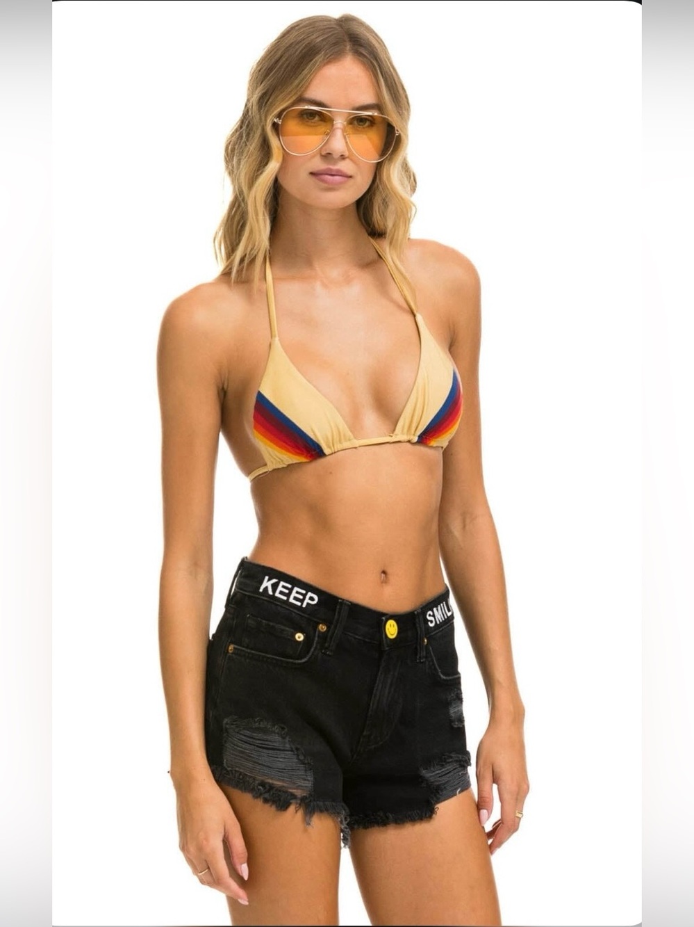 Aviator Nation Keep Smiling Mid Rise Smiley Face Jean Denim Shorts Vintage Black - Picture 13 of 13